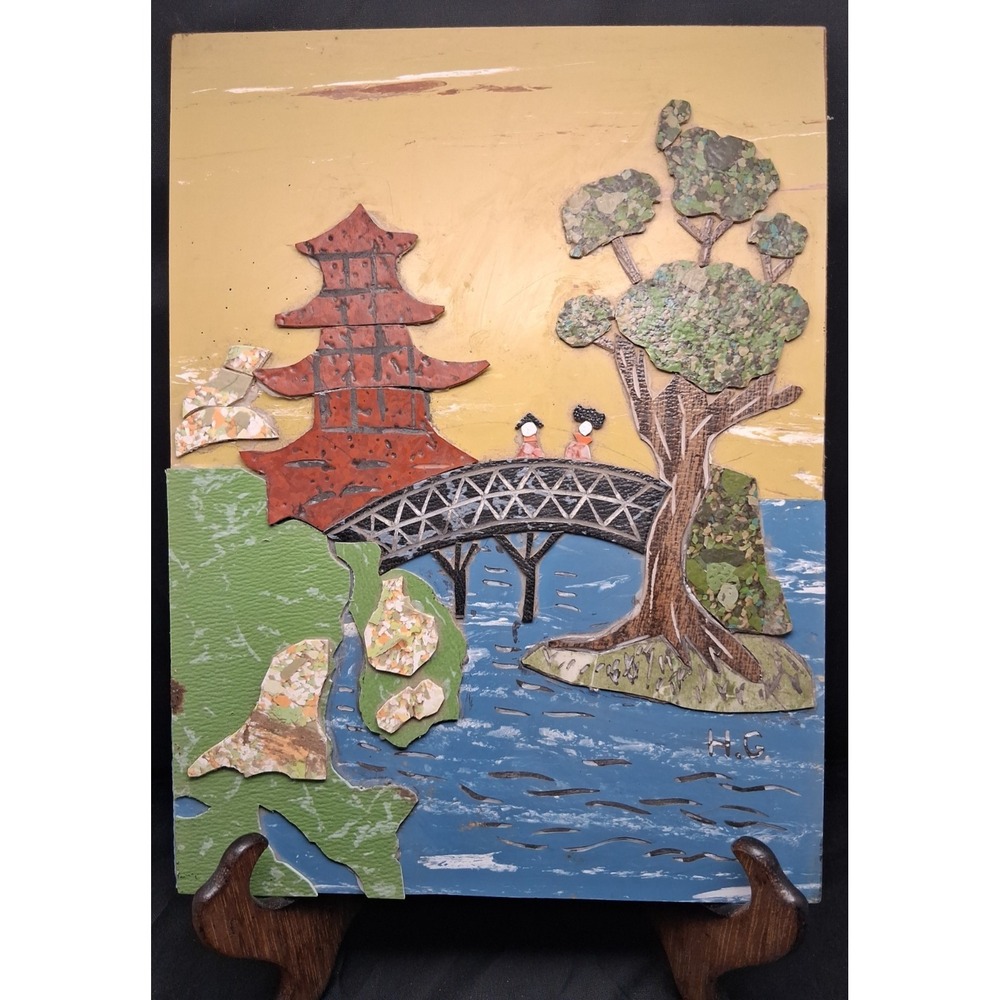 Vintage 3D wood‎ relief landscape by H.G. Japanese themed 1940-60's